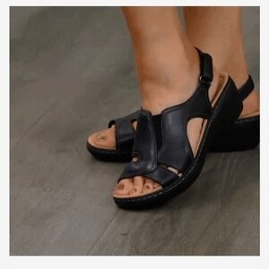 Black Leather-like Wedge Open-Toe Sandals